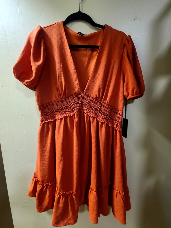 Faded Rose Dresses & Skirts - Orange Crochet-Waist Mini Dress